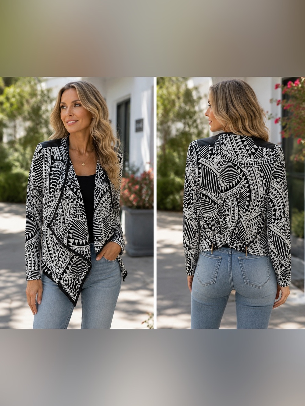 Black White Aztec Print Open Front Cardigan Blouse Faux Leather Trim M